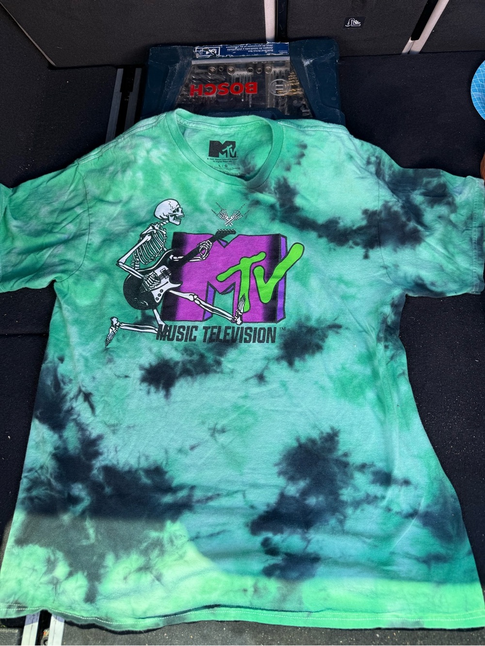 MTV Green Tie-Dye Tee with Skeleton Guitar Graphic